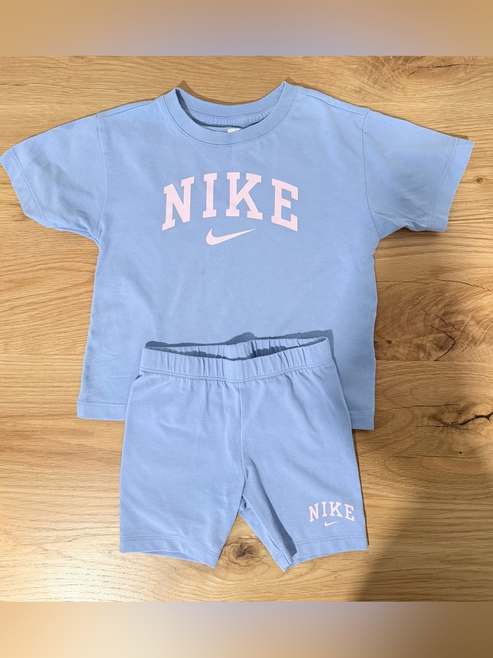 Nike Light Blue Tee with Pink Logo Biker Short Set